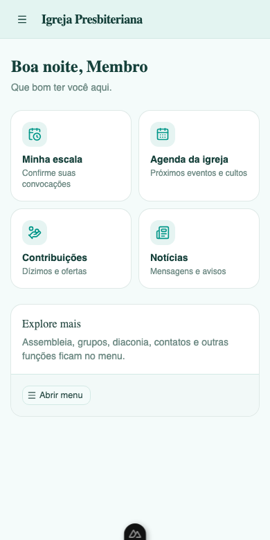 Tela real do aplicativo: início com Minha escala, Agenda da igreja, Contribuições e Notícias